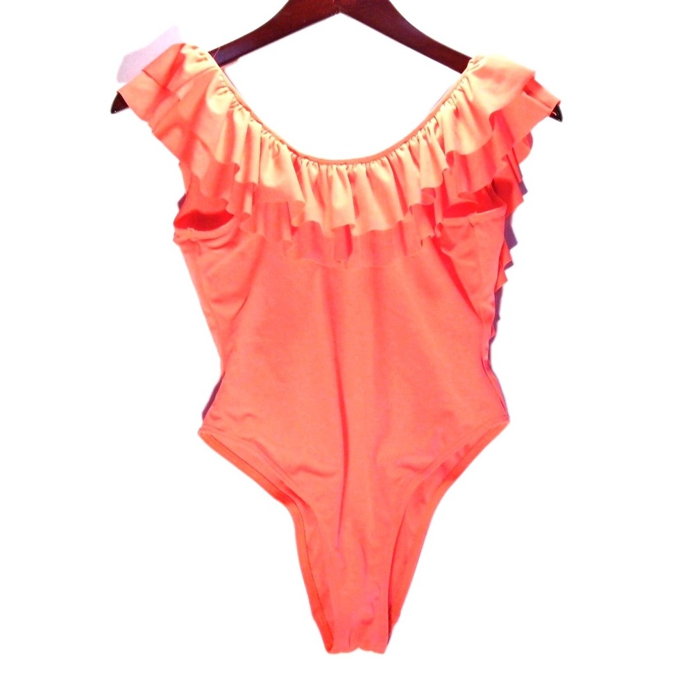 New Look Womens Coral Ruffle One Piece Swimsuit Size 6 Backless Beach 5219527